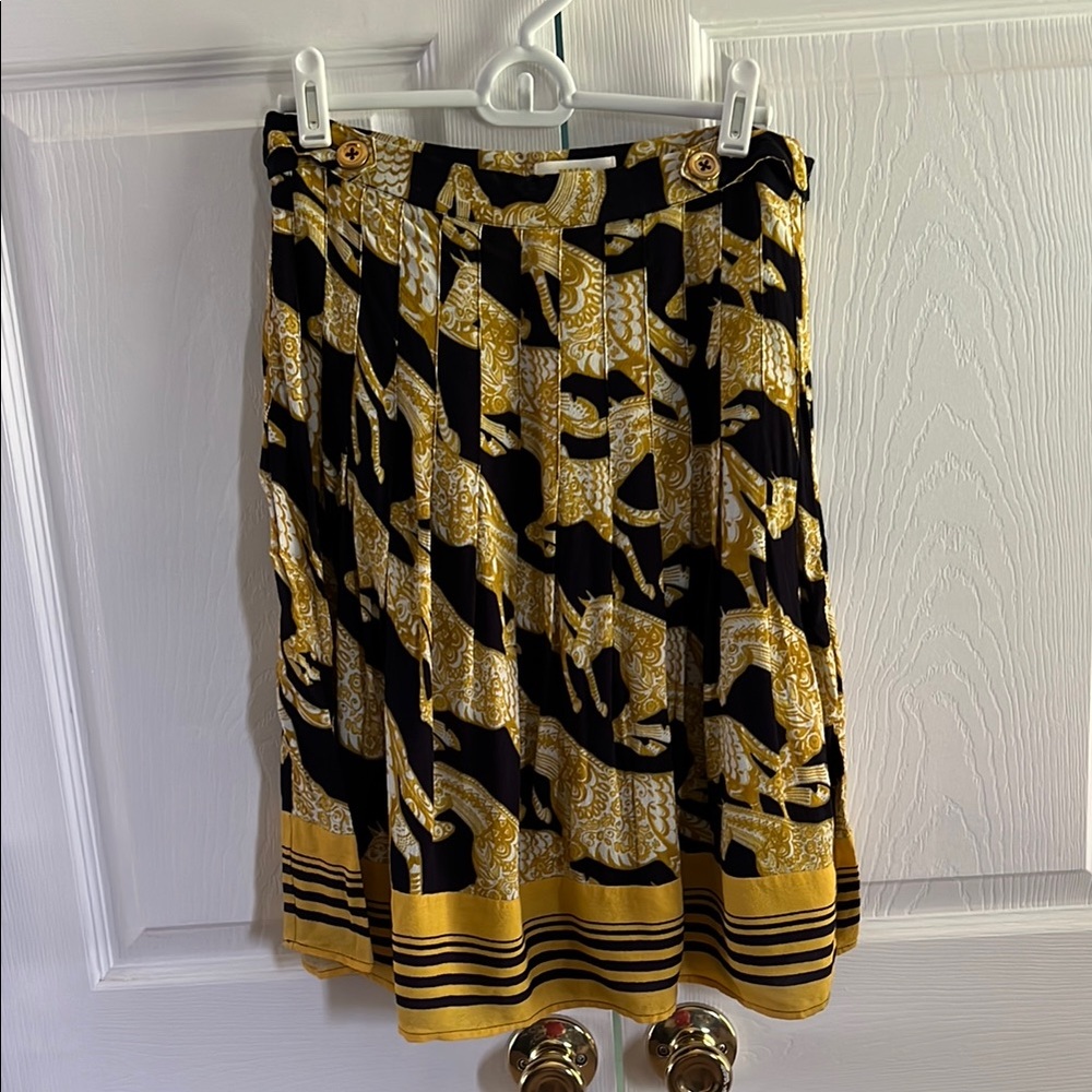 Anthropologie Black and Yellow A-Line Pleated Skirt with Horse Print